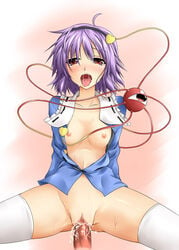 censored cum hairband kirisaki_byakko kitsunebi penis purple_hair red_eyes saliva satori_komeiji sex thighhighs touhou vaginal_penetration white_thighhighs