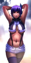 1girls armpits arms_behind_head ayane_(doa) dead_or_alive fit_female large_breasts looking_at_viewer miniskirt pink_eyes posing purple_hair revealing_clothes short_hair suspenders thighhighs triplexmile underboob voluptuous