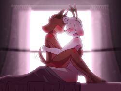 aarondrawsarts anthro antlers backlighting bed bedding bedroom blanket blush blushing_profusely bovid brown_body brown_fur capri_(deerkid) caprine closed_eyes cuddling curtains duo embrace fluffy fluffy_tail fur furniture goat hooves horn hug intimate jackalope lagomorph light lighting male male/male mammal nude nuzzling romantic scut_tail short_tail side_butt smile tail tail_motion tailwag under_covers virgil_(deerkid) waking_up white_body white_fur window