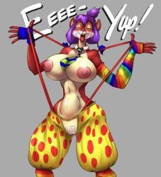 anthro areola big_breasts blue_clothing blue_gloves blue_handwear blue_necktie blush blush_stickers bottomwear breasts brown_body brown_fur buckteeth camel_toe closed_eyes clothed clothing clown clown_nose crotchless_bottomwear crotchless_clothing crotchless_pants dialogue eyelashes female fingerless_gloves fur gloves green_necktie grey_background hair handwear hi_res huge_breasts mammal mostly_nude navel necktie nipples open_mouth pants pattern_necktie pink_areola pink_nipples polka_dot_clothing purple_hair pussy_tape red_bottomwear red_clothing red_nose red_pants rodent sciurid simple_background small_waist solo striped_necktie suspenders tan_body tan_fur tape teeth text thebigbadwolf01 thick_thighs topless tree_squirrel wide_hips yellow_bottomwear yellow_clothing yellow_pants