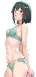 1girls anxious arms_behind_back black_hair blush bra breasts clothing female green_bra green_lingerie green_panties lace_trim lingerie looking_at_viewer love_live! love_live!_nijigasaki_high_school_idol_club matching_underwear mifune_shioriko nervous nervous_sweat open_mouth panties petite sankuro_(agoitei) short_hair small_breasts sweatdrop