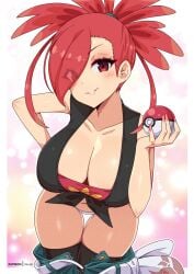 1girls bare_arms bare_shoulders bare_thighs big_breasts blush clothed clothing color eye_covered eye_visible_through_hair female female_focus female_only flannery_(pokemon) game_freak gym_leader hi_res large_breasts light-skinned_female light_skin looking_at_viewer nintendo open_pants panties pants_down pokeball pokemon pokemon_rse pokemon_trainer red_eyes red_hair ribbon short_hair solo tagme thick_thighs undressing virus-g