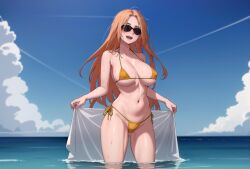 ai_generated beach bikini cameltoe cloud day long_hair micro_bikini nipple_bulge nipples ocean on_water open_mouth orange_hair smile sunglasses tinted_eyewear tokyo_revengers towel umbrella water wet yuzuha_shiba