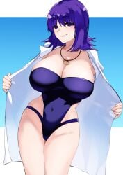 big_breast big_breasts blue_swimsuit blue_swimwear game_freak huge_breast huge_breasts large_breast large_breasts nintendo one-piece_swimsuit one_piece_swimsuit philena_ivy pokemon pokemon_professor pokemon_rgby purple_eyes purple_hair purple_hair_female swimsuit swimwear