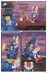 absurd_res animal_genitalia anthro anus armwear balls big_balls bow_tie cinderace closed_eyes clothed clothing comic crossdressing curvy_figure english_text eyeshadow flustered gay generation_4_pokemon generation_8_pokemon genitals girly group hi_res lopunny lucario makeup male male/male nintendo oral oral_penetration partially_clothed penetration penis pokemon pokemon_(species) puffy_anus sheath sheath_play snout_in_sheath text thong trio underwear v3rg3