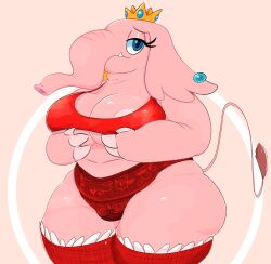 absurd_res anthro big_breasts breasts clothing elephant elephant_peach elephantid female goopyarts hi_res huge_breasts legwear lingerie looking_at_viewer mammal mario_(series) nintendo overweight overweight_female princess_peach proboscidean slightly_chubby stockings super_mario_bros._wonder underwear wide_hips