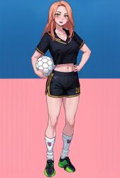 ai_generated crop_top long_hair nipple_bulge nipples one_eye_closed orange_hair outdoors shirt shorts soccer solo sportswear tagme tokyo_revengers uniform yuzuha_shiba