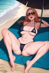 ai_generated beach bikini cameltoe cloud day long_hair lying micro_bikini nipple_bulge nipples orange_hair spread_legs sunglasses tinted_eyewear tokyo_revengers umbrella wet yellow-tinted_eyewear yuzuha_shiba