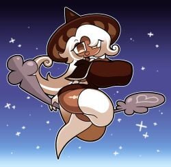 1girls big_breasts breasts broom brown_eyes cookie_run cookie_run_kingdom dark-skinned_female flying hourglass_figure latte_cookie_(cookie_run) night_sky solo thick_thighs three-tone_hair tungmi9697 voluptuous voluptuous_female witch_hat