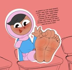 1girls blush breasts chair desk dummycervine duolingo feet feet_on_table female foot_fetish hijab looking_at_viewer meaty_soles text zari_(duolingo)