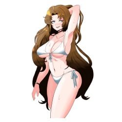 arm_up armpits bikini blue_eyes bracelet brown_hair female female_focus female_only limbus_company long_hair open_mouth project_moon rodion_(limbus_company) sweatdrop white_background white_bikini