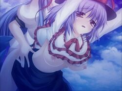 1futa 1girls bent_over blue_hair blush breasts capelet clothed_sex cloud dark doggy_style female futa_on_female futa_with_female futanari hat iku_nagae intersex long_hair onsen_tamago_(nurumayu_onsen) purple_hair red_eyes sex short_hair sky tenshi_hinanawi through_clothes touhou very_long_hair