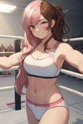 1girls ai_generated big_breasts busty codestormcynet heterochromia large_breasts midriff multicolored_hair navel neo_(rwby) rwby smile solo sports_bra wrestling_outfit wrestling_ring