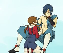 1boy 1girls ass bad_id blue_hair blush brown_hair clothed cum falkner female femdom gym_leader handjob human human_only kneeling lyra_(pokemon) male malesub nintendo penis pokemon pokemon_gsc pokemon_hgss straight straight_hair sweat tied_hair tsurukame twintails uncensored