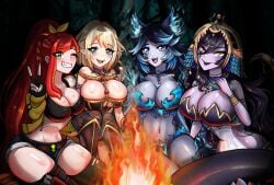 4girls alternate_version_available big_breasts black_crop_top blonde_hair blue_eyes blush breasts busty campfire cleavage crop_top elara_(vtuber) elf elf_ears elf_female elly_(vtuber) fire forest green_eyes huge_breasts indie_virtual_youtuber large_breasts lipstick long_hair looking_at_viewer makeup monster monster_girl one_eye_closed open_mouth peace_sign ponytail purple_skin red_hair revealing_clothes short_hair smile snake_girl spite_(vtuber) tattoo teeth topwear twitch twitch.tv vexoria_the_sun_eater virtual_youtuber yellow_eyes