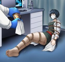 1girls blue_hair bondage bound bound_wrists clothed collar dress female gag gagged labcoat legs legs_together legwear on_side over_the_nose_gag persona persona_5 rope_bondage short_hair tae_takemi tied_up toes yanx5