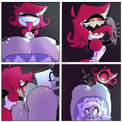 anal_fisting ass ass_up behind_view bunibelol drool_on_hand emily_(hazbin_hotel) female fisting fisting_ass grabbing_ass helluva_boss horny horny_face huge_tongue licking licking_arm niffty niffty_(hazbin_hotel) tagme tounge_out vivziepop