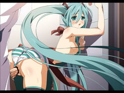 1girls apron aqua_eyes aqua_hair areolae ass breasts censored doggy_style female hatsune_miku kaito_(vocaloid) long_hair nipples panties panties_aside pussy sex shin'ya_(nanp) striped striped_panties thighhighs tied_hair twintails underwear unseen_male_face vaginal_penetration very_long_hair vocaloid zettai_ryouiki