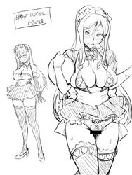 bow censored character_request comparison copyright_request crotchless_panties decent_and_indecent embarrassed long_hair maid maid_headdress miniskirt monochrome panties pasties plate pubic_hair sketch skirt takeda_hiromitsu thighhighs underwear