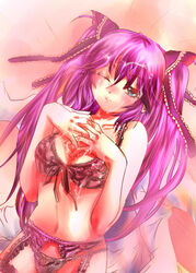 bra breasts chaka_yama cum cum_on_body cum_on_breasts cum_on_upper_body garter_belt lingerie little_busters! long_hair panties purple_hair sakayama_shinta sasasegawa_sasami underwear