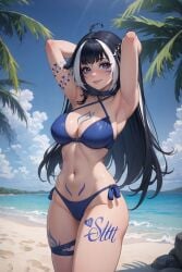 1girls ai_generated beach bikini blue_bikini blue_hair body_markings breasts cleavage collar female female_only indie_virtual_youtuber long_hair multicolored_hair navel purple_eyes queen_of_hearts shylily smile solo standing swimwear tail tattoo tattoos thighs virtual_youtuber vtuber yuroart