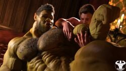 1human 1orc 2boys 3d 3d_(artwork) 3d_model bromance dazswole hairy_chest homoerotic in_awe indoor_nudity indoors jewelry male/male male_focus male_only masculine masculine_male muscle_awe muscle_worship muscles muscular muscular_male naked nose_ring nude oc orc orc_dom orc_male original original_characters submissive_human