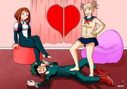 1boy 2girls arlioth barefoot boku_no_hero_academia denki_anma dominant_female femdom foot_domination foot_fetish foot_on_crotch foot_on_face footjob footjob_over_clothes footjob_with_legwear himiko_toga izuku_midoriya midoriya_izuku my_hero_academia ochako_uraraka ochako_uraraka_(hero_outfit) standing standing_footjob stepped_on stepping_on_penis submissive_male teamwork toga_himiko trample trampling uraraka_ochako valentine's_day