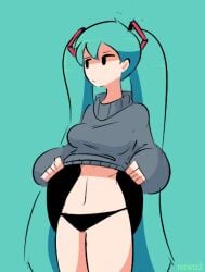 1female 1girls blue_hair boob female hatsune_miku long_hair nekuzx panties putting_clothes_on shirt sweater tagme