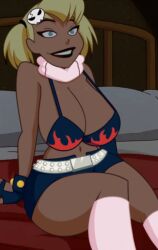 1girls 2d batman:_the_animated_series batman_(series) bed belly_button big_breasts big_nipples black_lipstick blonde blonde_female blonde_hair blonde_hair_female blue_eyes boob_window breasts_out cosplay dc dc_comics dcau edit edited female female_focus female_only hair harley_quinn navel nerota on_bed short_hair sitting_on_bed yoko_littner_(cosplay)