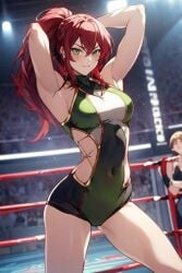 1girls ai_generated codestormcynet green_eyes pyrrha_nikos red_hair rwby wrestling_outfit