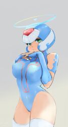 1girls absurdres breasts capcom genderswap_(mtf) green_eyes halo heart helmet highres jxwfl leotard mega_man mega_man_zero rule_63 rule_63 thighhighs thighs wide_hips x_(mega_man)