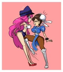 1futa 1girls ass ballbusting balls big_breasts blue_eyes breasts brown_hair bulge butt cbt chun-li cleavage cock_and_ball_torture crotch_kick female final_fight futanari groin groin_attack high_heels lipstick long_hair medium_breasts minishorts nipple_bulge pink_hair poison_(final_fight) short_hair simple_background strawberriexe street_fighter testicles thick_thighs trans_woman_(lore)