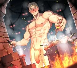 1boy :q abs bara blonde_hair blush cooking cooking_pot cowboy_shot dungeon_meshi eyes_in_shadow fire flaccid highres jackray85674939 laios_touden large_pectorals male male_focus male_only muscular muscular_male navel nipples pectorals penis short_hair solo standing stomach thick_eyebrows thick_thighs thighs tongue tongue_out