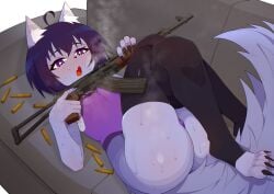 1boy ak-74 blushing butt canid canid_humanoid canine canine_humanoid cute femboy gay gun lying_on_back lying_on_couch noonnoon notnoonnoon posing posing_for_the_viewer rifle sweating tagme virtual_youtuber wolf wolf_humanoid