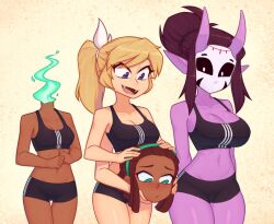 3girls 4_arms blue_eyes blush dark_skin demon dullahan green_eyes large_breasts light_skin mask medium_breasts medium_support_(meme) nelly pink_skin ponytail small_breasts spider_girl sports_bra sportswear xyroni