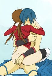 1boy 1girls ass bad_id blue_hair blush bottomless brown_hair clothed_female_nude_male falkner female femdom gym_leader human human_only leg_lock lotus_position lyra_(pokemon) male nintendo no_panties nude pokemon pokemon_gsc pokemon_hgss sex straight straight_hair sweat testicles thighhighs tied_hair tsurukame twintails uncensored upright_straddle