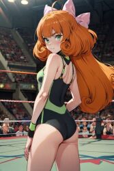 1girls ai_generated android codestormcynet ginger_hair green_eyes hairbow penny_polendina rwby wrestling_outfit