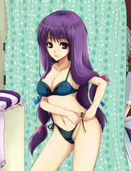 bra breasts cleavage curtains female female_only hair_ribbon ifuji_sakura large_breasts lingerie long_hair looking_at_viewer multiple_girls navel no_visible_genitalia panties patchouli_knowledge purple_eyes purple_hair pussy ribbon sakuya_izayoi side-tie_panties touhou underwear undressing