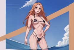 ai_generated beach bikini cameltoe cloud day long_hair micro_bikini nipple_bulge nipples ocean on_water open_mouth orange_hair smile tokyo_revengers umbrella water wet yuzuha_shiba