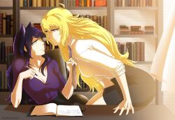 2girls black_hair black_skirt blake_belladonna blonde_hair books bookshelf breasts canon_couple chair holding_pen imminent_kiss large_breasts long_hair necktie necktie_pull office_lady open_book pen pencil_skirt purple_eyes purple_shirt rwby shirt sitting_on_chair skirt table white_shirt writing y8ay8a yang_xiao_long yaya_(y8ay8a) yellow_eyes yuri