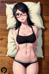 abs ai_generated arms_behind_back big_breasts black-framed_eyewear black_bra black_hair black_panties bra breasts cleavage collarbone digital_art digital_media digital_media_(artwork) epic_games female fortnite fortnite:_battle_royale glasses jawbreaker_(fortnite) long_hair looking_at_viewer lying medium_breasts navel no no_bra no_panties nude on_back on_knees panties pikkiwynn pillow solo stomach