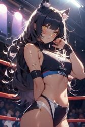 1girls ai_generated black_hair blake_belladonna codestormcynet gold_eyes rwby wrestling_outfit