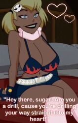 1girls 2d batman:_the_animated_series batman_(series) bed belly_button big_breasts big_nipples black_lipstick blonde blonde_female blonde_hair blonde_hair_female blue_eyes boob_window breasts_out cosplay dc dc_comics dcau dialogue edit edited english_text female female_focus female_only hair harley_quinn navel nerota on_bed short_hair sitting_on_bed yoko_littner_(cosplay)