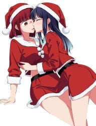 2girls arima_kana bare_thighs blue_hair blush breasts closed_eyes collarbone commentary_request earrings fur-trimmed_skirt fur_trim gradient_hair hands_on_waist hat highres holding_another imminent_kiss jewelry kissing kurokawa_akane kusana_(kusana47454281) light_blue_hair long_hair looking_at_partner medium_breasts medium_hair midriff multicolored_hair multiple_girls oshi_no_ko parted_lips red_eyes red_hair red_shirt red_skirt santa_costume santa_dress santa_hat shirt sidelocks simple_background sitting skirt thick_ass thick_thighs thighs variant_set white_background wholesome yuri