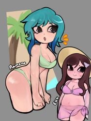 2girls beach bikini blue_eyes blue_hair blush brown_eyes brown_hair chubby dark_blue_hair evy_(evygur0) evygur0 female female_only green_bikini hair_ornament hat light-skinned_female light_skin long_hair open_clothes open_shirt original_character partially_clothed pink_bikini ramona_flowers sarong scott_pilgrim shirt short_hair sweatdrop triangle two_tone_hair