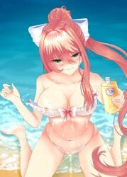 1female 1girls 5_fingers bare_shoulders beach blush bow breasts cameltoe cleavage crunnix doki_doki_literature_club female_focus green_eyes long_hair monika_(doki_doki_literature_club) navel nip_slip nipple_slip peeing piss pissing pussy sand see-through see-through_clothing see-through_swimsuit see_through see_through_clothing solo_female solo_focus sunscreen urine water watersports wet_clothes wet_clothing