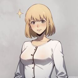 1girls ai_generated blonde_female blonde_hair brown_eyes cha_hae_in light-skinned_female light_skin looking_at_viewer medium_breasts moistsaltyscrap smile smiling smiling_at_viewer solo solo_leveling