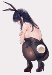 100_kanojo animal_ears ass back black_footwear black_hair black_pantyhose bunny_ears bunny_tail bunnysuit e_(ejkfogksiu_sjsial) facing_away fake_animal_ears female female_focus footwear_fetish from_behind grey_background hair_over_eyes high_heels highres kakure_meme kimi_no_koto_ga_dai_dai_dai_dai_daisuki_na_100-nin_no_kanojo leotard mole mole_under_mouth open_mouth pantyhose playboy_bunny rabbit_ears rabbit_tail shoes simple_background solo squatting strapless strapless_leotard the_100_girlfriends_who_really_really_really_really_really_love_you white_background