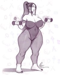 breasts curvy edemevas exercise exercise_clothing feet monochrome umbra_(jinedem) weightlifting