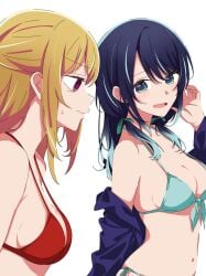 2girls aqua_ribbon bare_shoulders bikini blonde_female blonde_hair blonde_hair_female blue_bikini blue_bikini_bottom blue_bikini_top blue_eyes blue_hair blue_jacket blue_swimsuit blue_swimwear breast_envy breasts cleavage closed_mouth commentary_request envious front-tie_bikini_top front-tie_top gradient_hair hair_between_eyes hair_ribbon halterneck highres hoshino_ruby jacket kurokawa_akane kusana_(kusana47454281) light_blue_hair long_hair looking_at_viewer low_twintails medium_breasts multicolored_hair multiple_girls navel open_clothes open_jacket open_mouth oshi_no_ko purple_eyes red_bikini red_bikini_top red_swimsuit red_swimwear ribbon sideboob sidelocks simple_background stomach sweatdrop swimsuit twintails upper_body waist wavy_mouth white_background